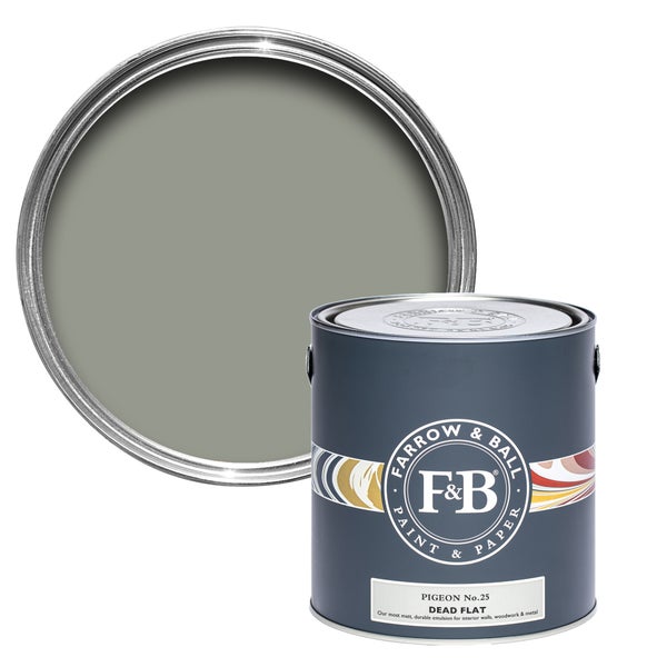 Farbdose mit geöffnetem Deckel der Marke Farrow and Ball, Farbton Pigeon No. 25 Dead Flat
