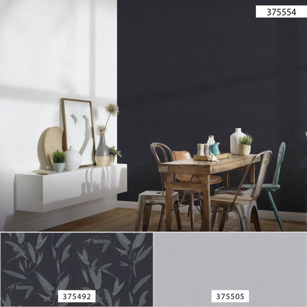 Raumansicht mit Esstisch und drei Tapetenmustern