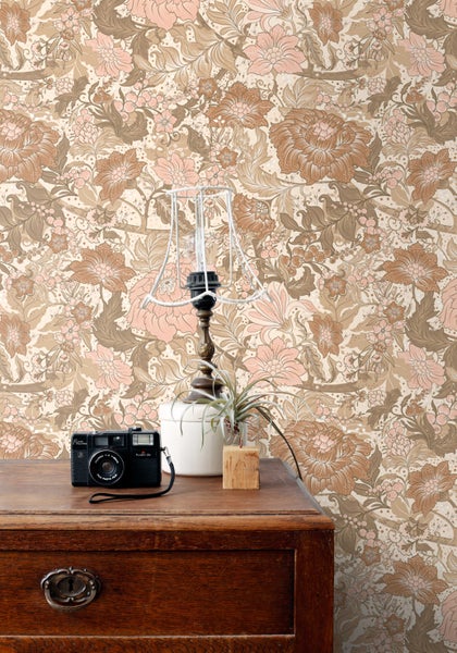 ESTAhome Tapete Blumenmuster Hellrosa, Braun und Taupe - 50 x 900 cm - 131191