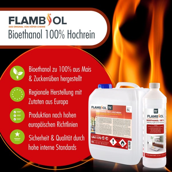 Kanister mit Flambol Bioethanol 100 Prozent hochrein als Brennstoff für Bio Feuerstellen