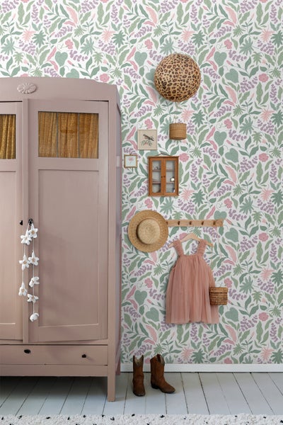 ESTAhome Tapete Blätter und Blumen Lila, Rosa und Grün - 50 x 900 cm - 131049