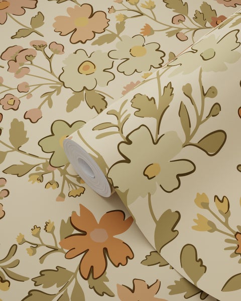 ESTAhome Tapete Blumen Ockergelb und Beigebraun - 50 x 900 cm - 131320
