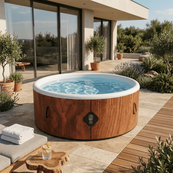 Heller moderner Garten mit Steinplatten, Holzdeck, rundem aufblasbarem Whirlpool in Holzoptik mit COCO SPA Logo, Pflanzen und Gartenmöbeln.