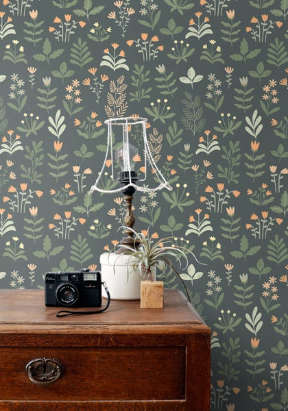 ESTAhome Tapete Feldblumen Graugrün und Orange - 50 x 900 cm - 131098