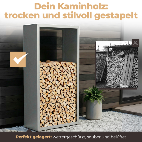 Modernes Kaminholzregal aus Metall mit ordentlich gestapeltem Brennholz im Außenbereich, wettergeschützte und belüftete Lagerung vor einer Holzwand.