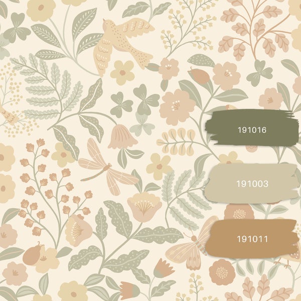 ESTAhome Tapete Blumen und Vögel Beige, Grün und Hellrosa - 53 cm x 10.05 m - 139867