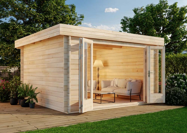 Alpholz Gartenhaus Java-44 B ISO mit großer Falttür Gartenhaus aus Holz in natur, Holzhaus mit 44 mm Wandstärke FSC zertifiziert, Blockbohlenhaus mit Montagematerial imprägniert 4,1x4,1m