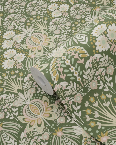 ESTAhome Tapete Blumenmuster im Jugendstil Dunkelgrün - 50 x 900 cm - 130972