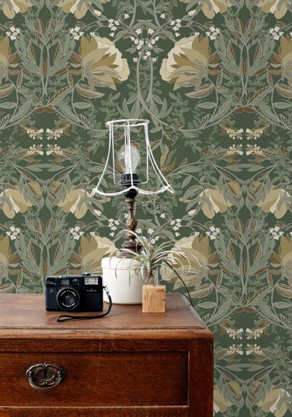 ESTAhome Tapete Blumenmuster im Jugendstil Dunkelgrün - 53 cm x 10.05 m - 139420