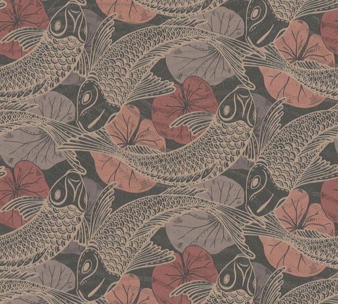 Helles Wohnzimmer im japanischen Stil mit Sofas, Couchtisch und gemusterter Tapete