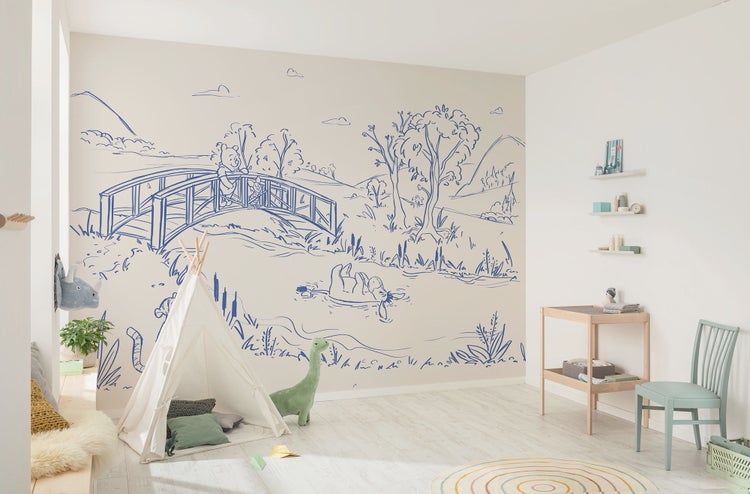 Heller Kinderraum mit Wandbild, Spielzelt und Holzmöbeln