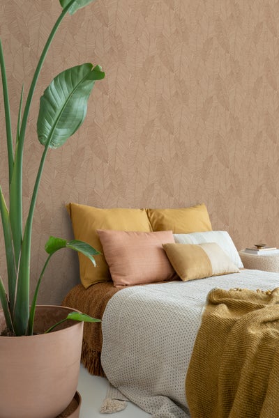 ESTAhome Tapete gezeichnete Blätter Terrakottarosa - 53 cm x 10.05 m - 139353
