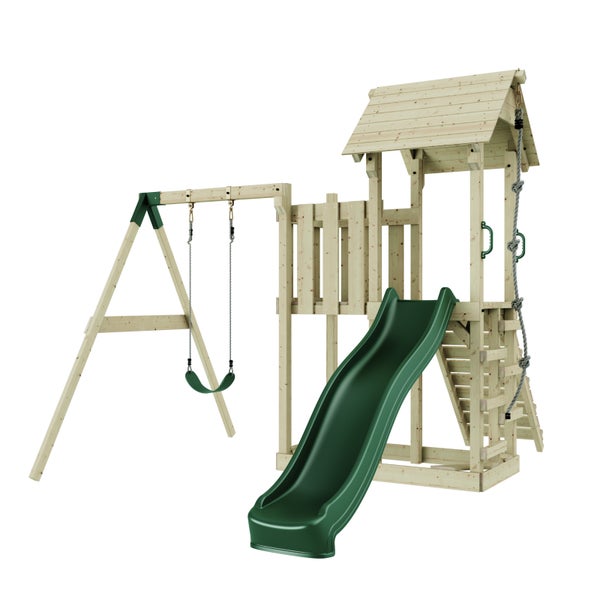Spielturm aus Holz mit Schaukel, Rutsche und Kletterseil