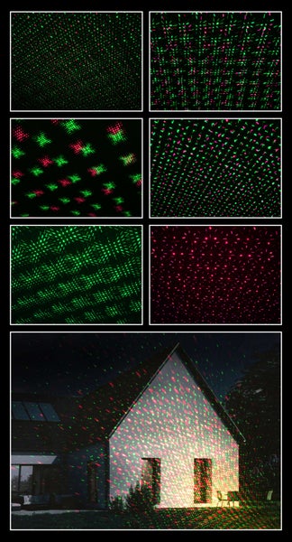 Mehrere Nahaufnahmen eines Hauses, das mit einem Laserprojektor beleuchtet wird, der Muster erzeugt