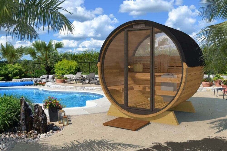 FinnTherm Terrassen-Fass-Sauna Fasssauna 3 Sitzbänke aus Holz Sauna mit 42 mm Wandstärke, Außensauna mit Montagematerial