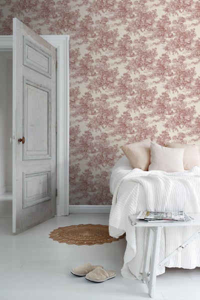 Tapete mit Toile-de-Jouy-Muster mit Bäumen, Personen und Kutsche