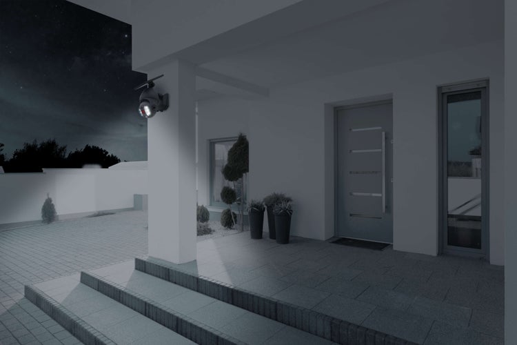 LED Solar Außenwandleuchte MOHO mit Bewegungsmelder und Security-Kamera-Attrappe , Wandleuchte aus Kunststoff in Grau, mit integrierter LED