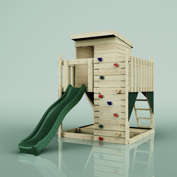 Spielturm aus Holz mit Rutsche, Kletterwand, Leiter und Sandkasten.