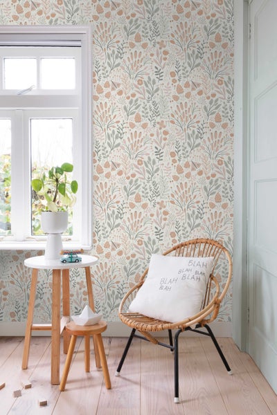 ESTAhome Tapete Blätter und Blumen Hellblau und Terrakotta - 50 x 900 cm - 131387