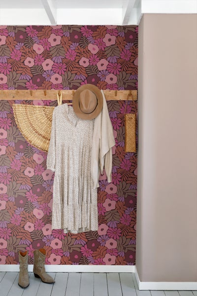ESTAhome Tapete Blumen im Matisse-Stil Rosa, Lila und Terrakotta - 50 x 900 cm - 131136
