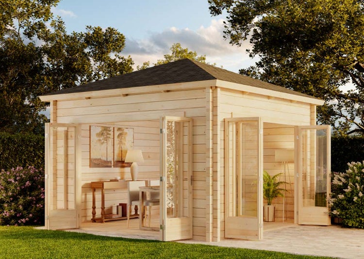 Alpholz Gartenhaus Sunshine ISO mit großer Falttür Gartenhaus aus Holz, Holzhaus mit 40 mm Wandstärke, Blockbohlenhaus mit Montagematerial, Naturbelassen