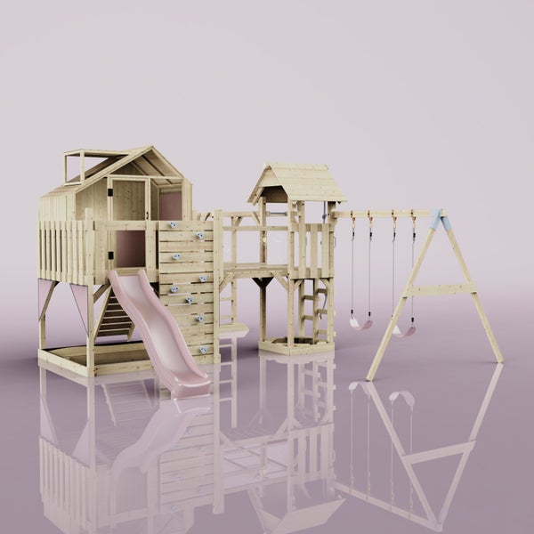Spielturm mit Rutsche, Schaukel und Kletterwand für den Garten