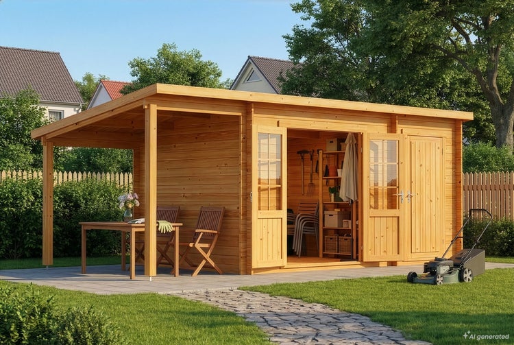 Holzgartenhaus mit integriertem Schleppdach als Unterstand auf einer Terrasse mit Gartenmöbeln und Rasenfläche