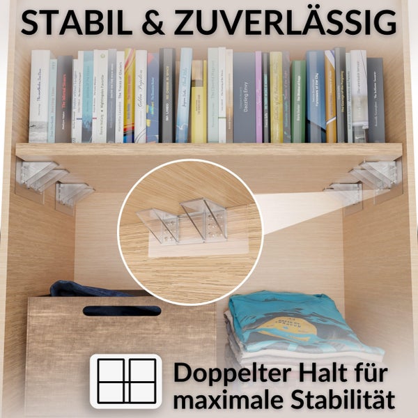 Regalbodenträger aus Kunststoff zur Stabilisierung eines Holzregals mit Büchern, einer Aufbewahrungskiste und Kleidung.