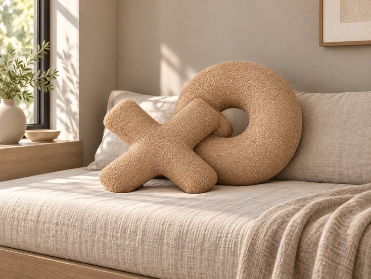 Zwei dekorative Kissen in X und O Form aus strukturiertem Teddy Stoff auf einem Sofa mit hellem Textilbezug.