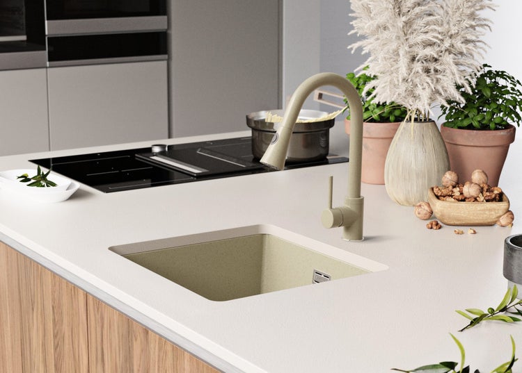 Küchenszene mit Spüle, Wasserhahn und Dekoration auf einer Arbeitsplatte.