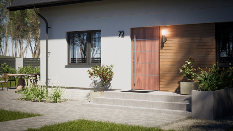 Hausfassade mit Haustür, Fenster und Außenbeleuchtung
