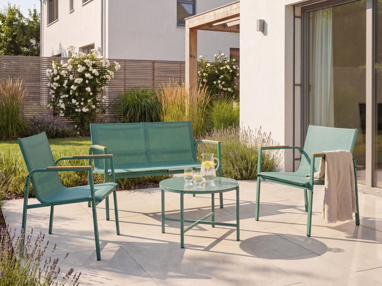 Moderne Garten-Lounge-Gruppe mit Bank, zwei Sesseln und rundem Tisch auf einer hellen Terrasse mit Gartenblick.