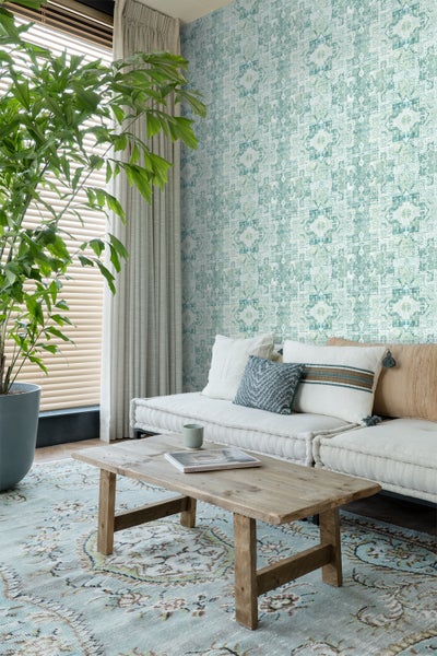 ESTAhome Tapete orientalisches Kelim-Patchwork Pastell Mintgrün - 53 cm x 10.05 m - 148658
