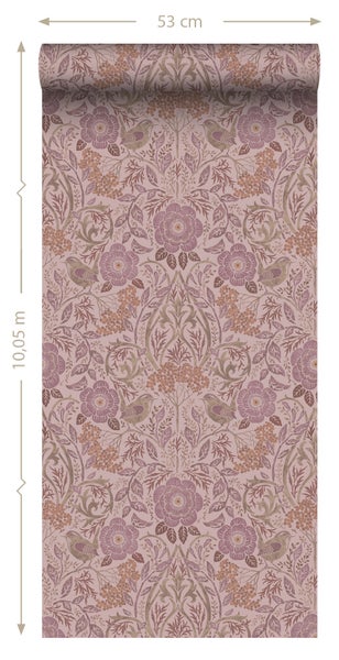 ESTAhome Tapete Blumen und Vögel Altrosa und Violett - 50 x 900 cm - 131209