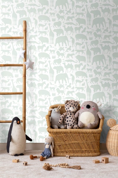 Walls4You Tapete Dschungeltiere Hellgrün und Weiß - 53 cm x 10.05 m - 935318