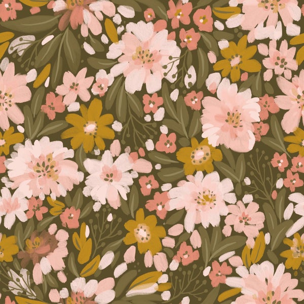 ESTAhome Tapete Blumen Olivgrün, Hellrosa und Ockergelb - 50 x 900 cm - 130928