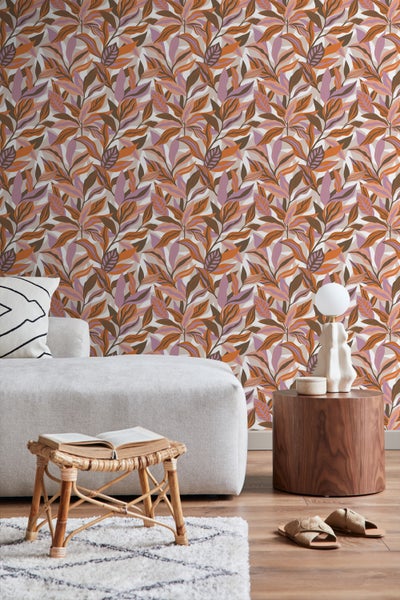 ESTAhome Tapete tropische Blätter Orange, Lila und Rosa - 50 x 900 cm - 131042