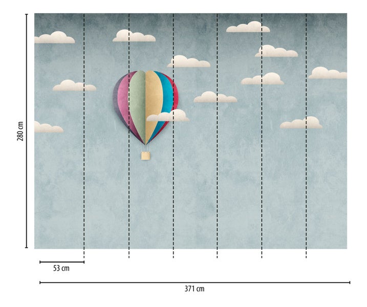 Tapete mit Heißluftballon und Wolkenmotiv, 371 cm breit, 280 cm hoch