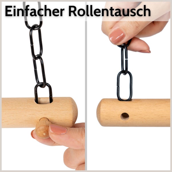 Zweiteilige Darstellung zeigt den einfachen Rollentausch bei einem Rollenhalter aus Holz mit Kette durch Herausziehen des Holzstopfens.