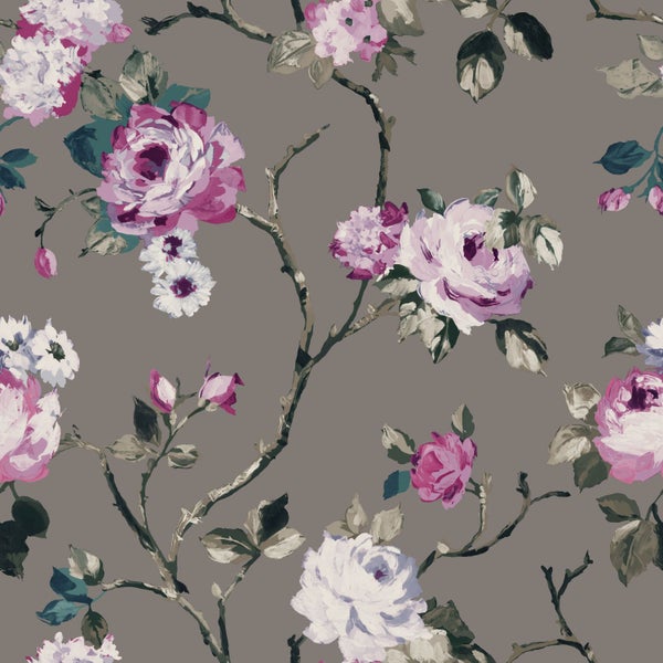 Origin Wallcoverings Tapete Blumen Taupe und Violett - 53 cm x 10.05 m - 347430