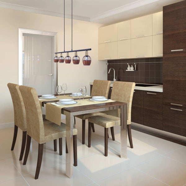 5er Pendelleuchte CORBIS,  Hängelampe aus Metall in Schwarz, mit Gold und Rattan, mit E14-Fassung, für Esszimmer, Wohnzimmer, Diele oder Büro, 100 cm lang