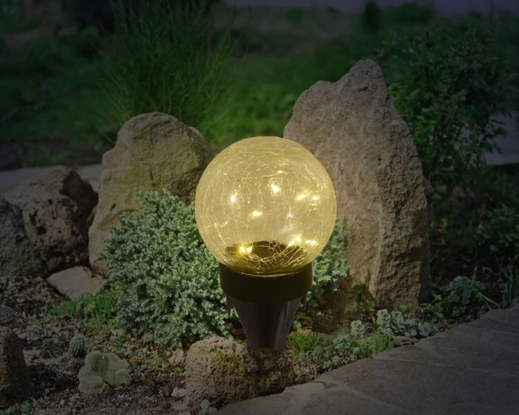 3er-Set LED-Solar-Tischleuchte/Erdspieß Crackle Ø 12cm , für Außen, Tischleuchte - Kunststoff und Glas , Weiß,  mit integrierter LED
