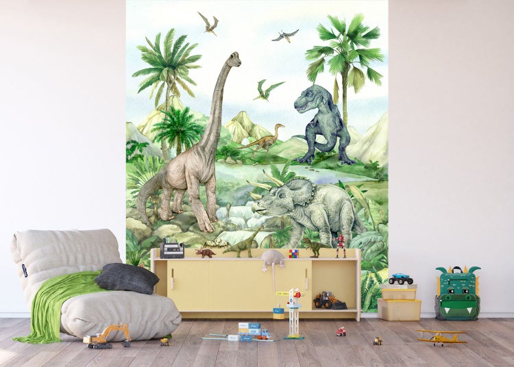 Wandbild mit Dinosauriern, tropischer Landschaft und Spielzeug im Kinderzimmer