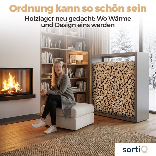 Wohnzimmer mit Kamin, Holzregal und sitzender Frau