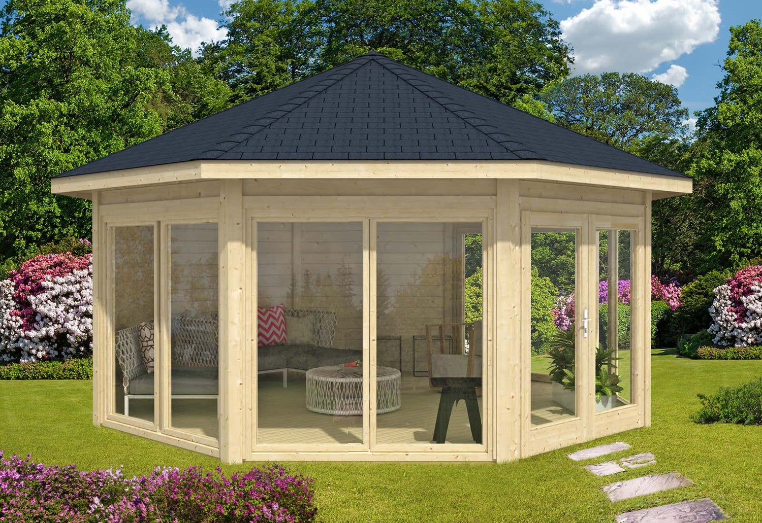 Alpholz Gartenpavillon Modell Rügen mit vier Fenstern Gartenpavillon aus Holz, Gartenhütte Gartenlaube mit Montagematerial
