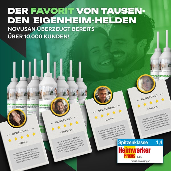 Werbebild für Novusan Mauerwerksabdichtung mit Kundenbewertungen und Auszeichnung der Zeitschrift Heimwerker Praxis.