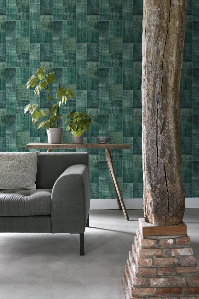 ESTAhome Tapete orientalisches-Marrakech Kelim-Patchwork Smaragdgrün - 53 cm x 10.05 m - 148652