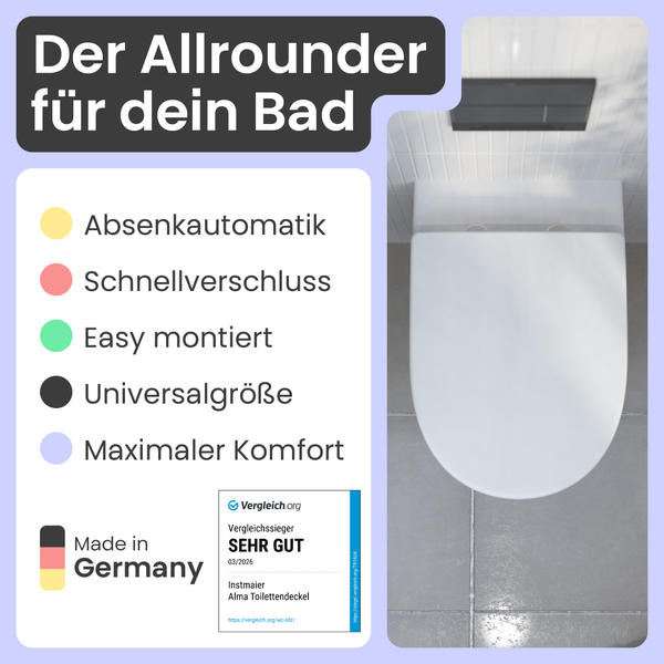 Instmaier Alma Toilettensitz mit Absenkautomatik, Schnellverschluss und Universalgröße. Hergestellt in Deutschland und Vergleichssieger Sehr Gut.