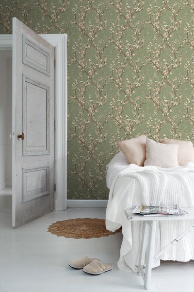 Sanders und Sanders Tapete Blüte Olivgrün und Weiß - 53 cm x 10 m - 640178