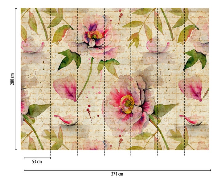 Tapete mit Blumenmuster und Schriftzug, Abmessungen 371 cm x 280 cm